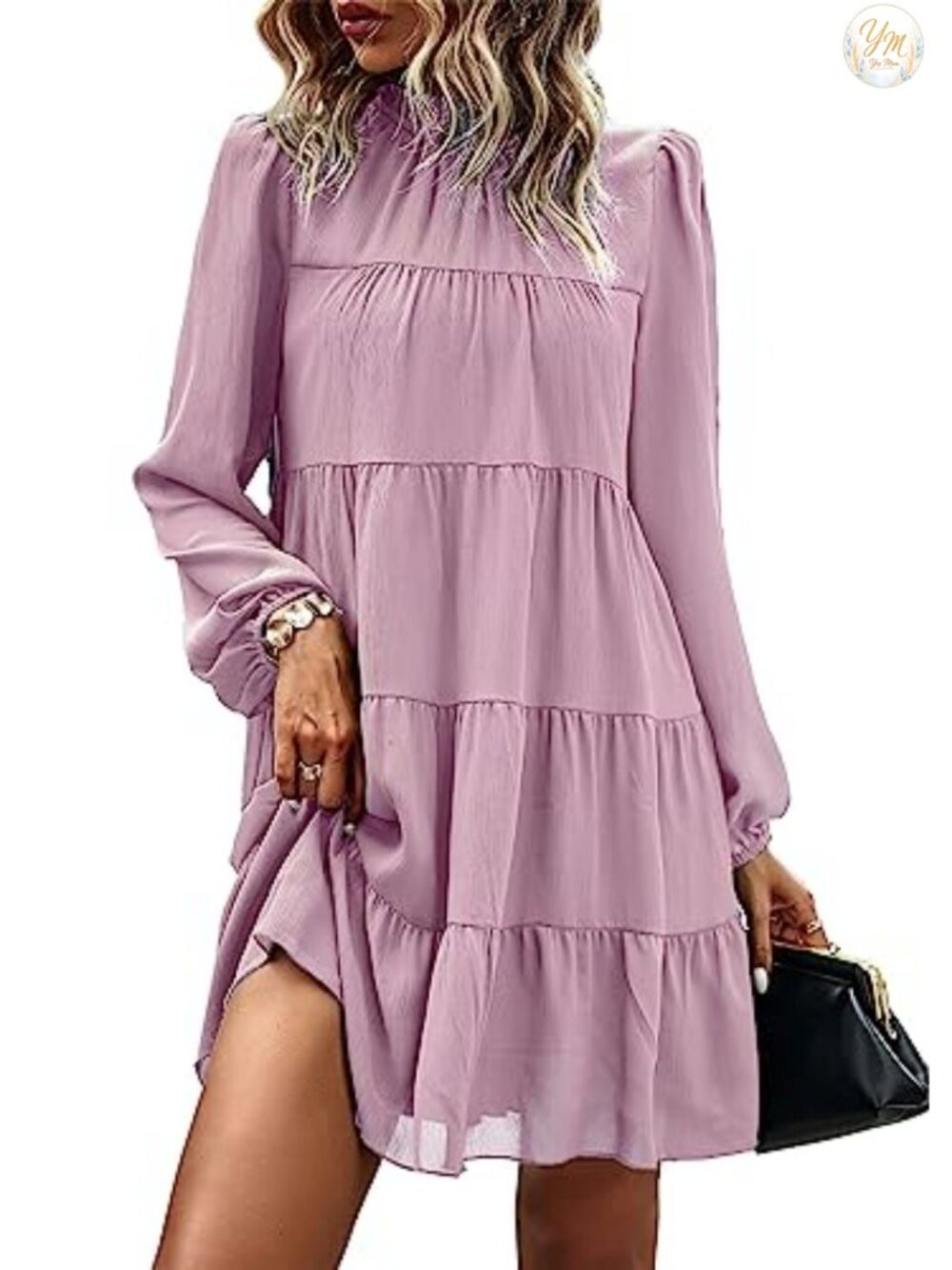 Women's Long Sleeve Babydoll Mini Dress Ruffled Mock Neck Swing
